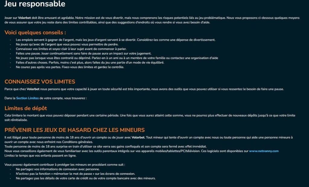 Volerbet Casino jeu responsable