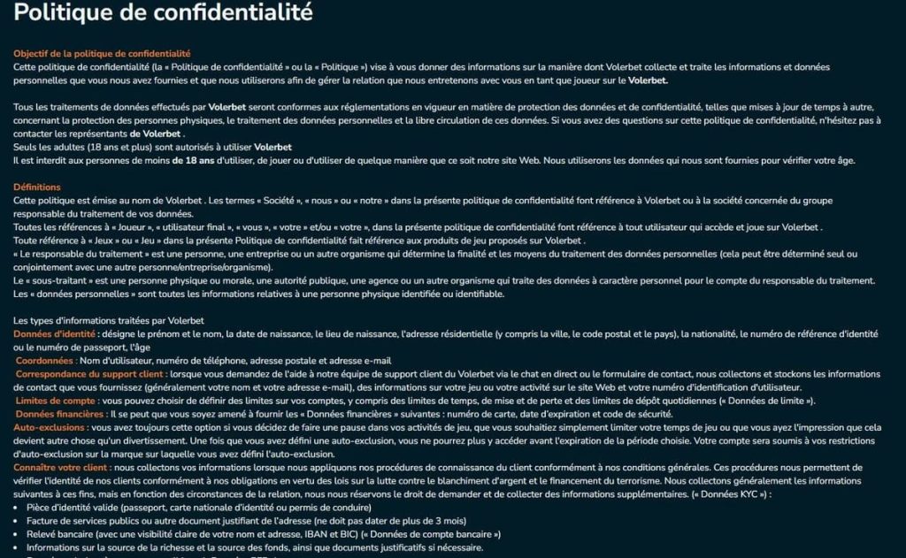 Volerbet Casino politique confidentialité